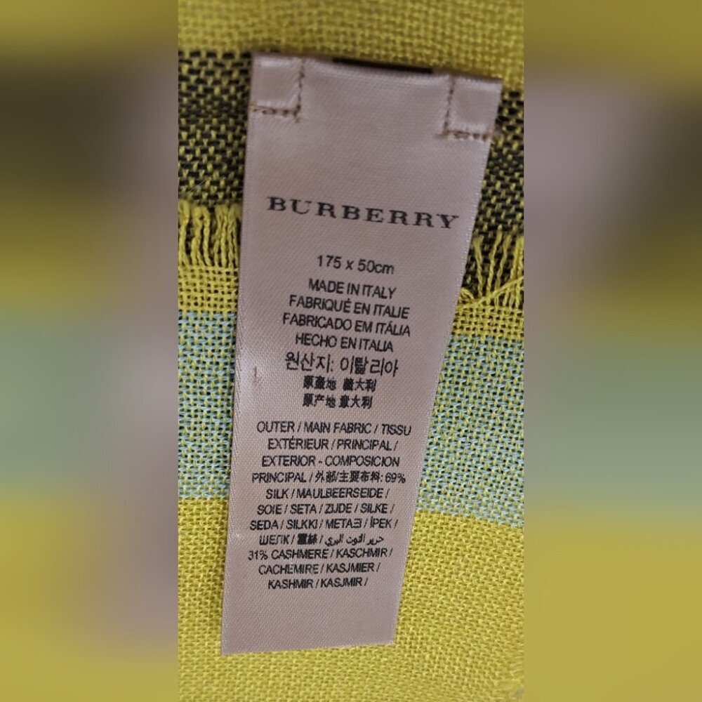 Burberry Women's Scarf Yellow Black Nova Check Silk Cashmere Italy 70" x 20" - Picture 3 of 15